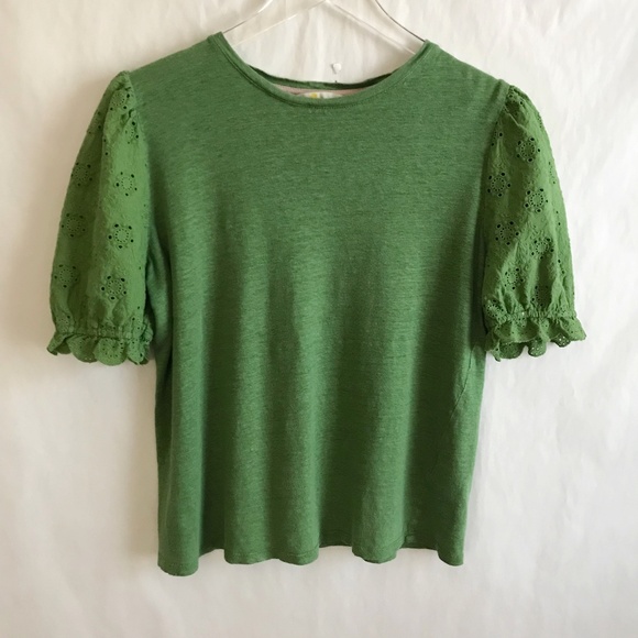 Boden 100% Linen Broderie Eyelet Puff Sleeve Tee Top US 8/UK 12 Kelly Green NWOT - Picture 1 of 10